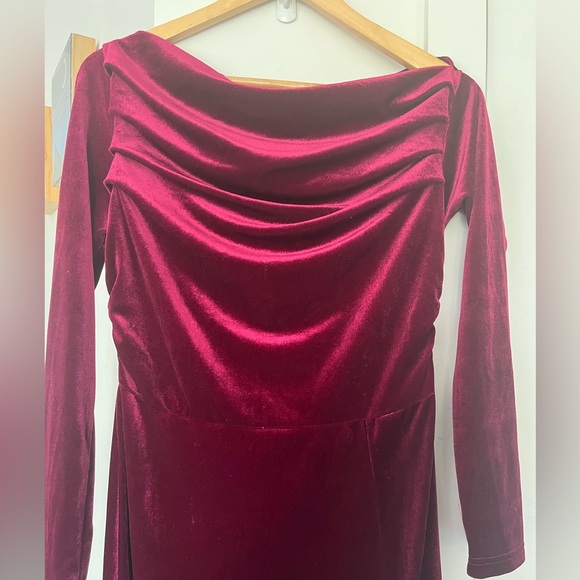 #93 Burgundy velvet Asymmetrical Neck Ruched Split Thigh  gown / maxi dress - Picture 3 of 5